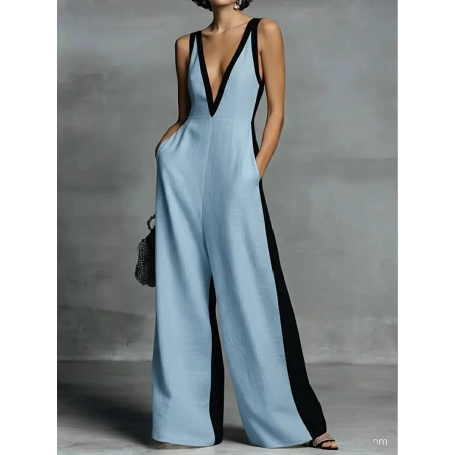 Deep V-Neck Wide-Leg Jumpsuit Light Blue / S Apparel and Accessories