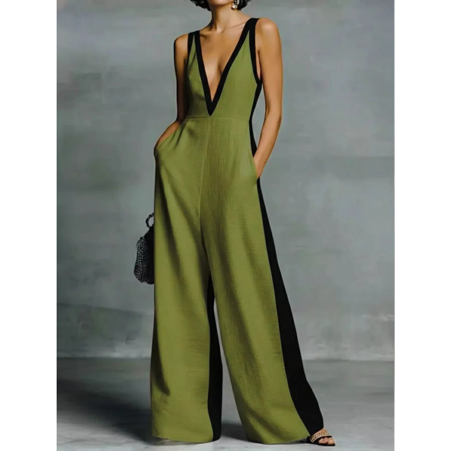 Deep V-Neck Wide-Leg Jumpsuit Olive / S Apparel and Accessories