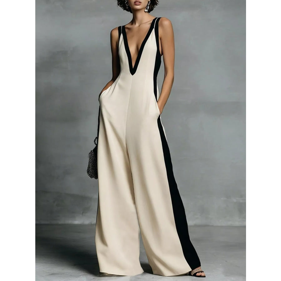 Deep V-Neck Wide-Leg Jumpsuit Orange-red / S Apparel and Accessories