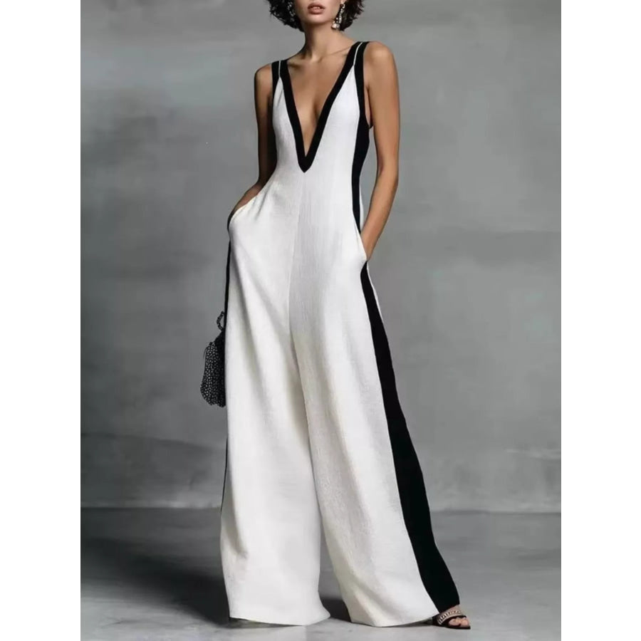 Deep V-Neck Wide-Leg Jumpsuit White / S Apparel and Accessories