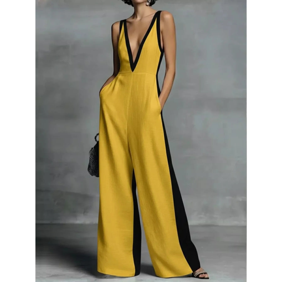 Deep V-Neck Wide-Leg Jumpsuit Yellow / S Apparel and Accessories