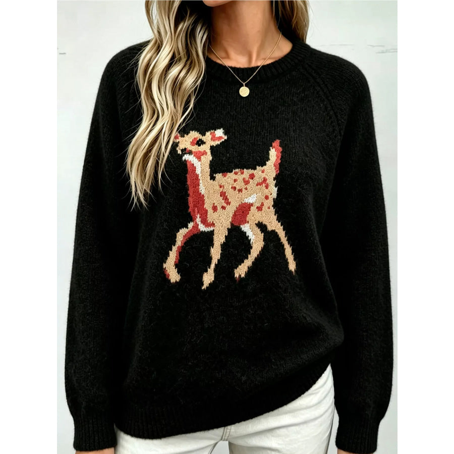 Deer Pattern Raglan Sleeve Sweater Apparel and Accessories