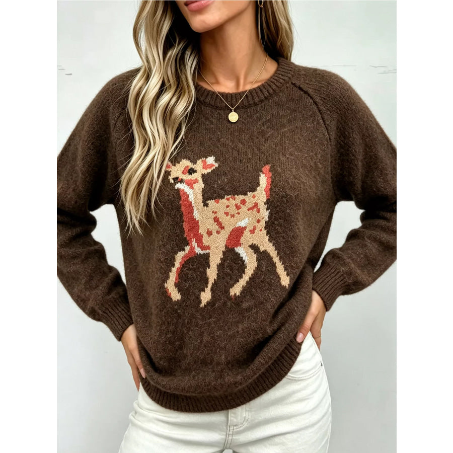 Deer Pattern Raglan Sleeve Sweater Apparel and Accessories