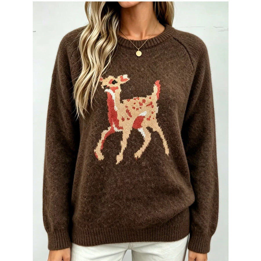 Deer Pattern Raglan Sleeve Sweater Apparel and Accessories
