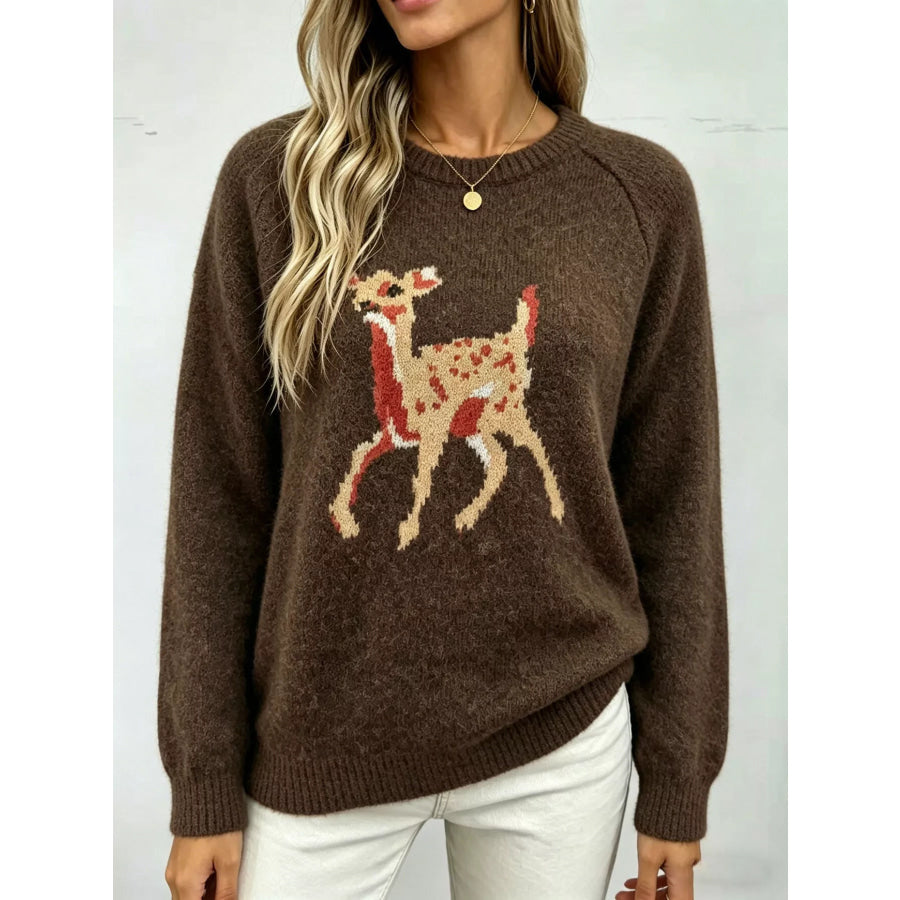 Deer Pattern Raglan Sleeve Sweater Apparel and Accessories