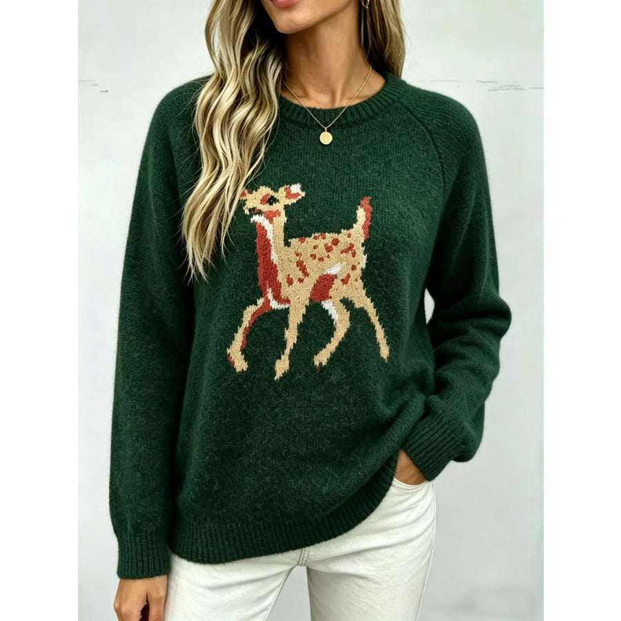 Deer Pattern Raglan Sleeve Sweater Apparel and Accessories