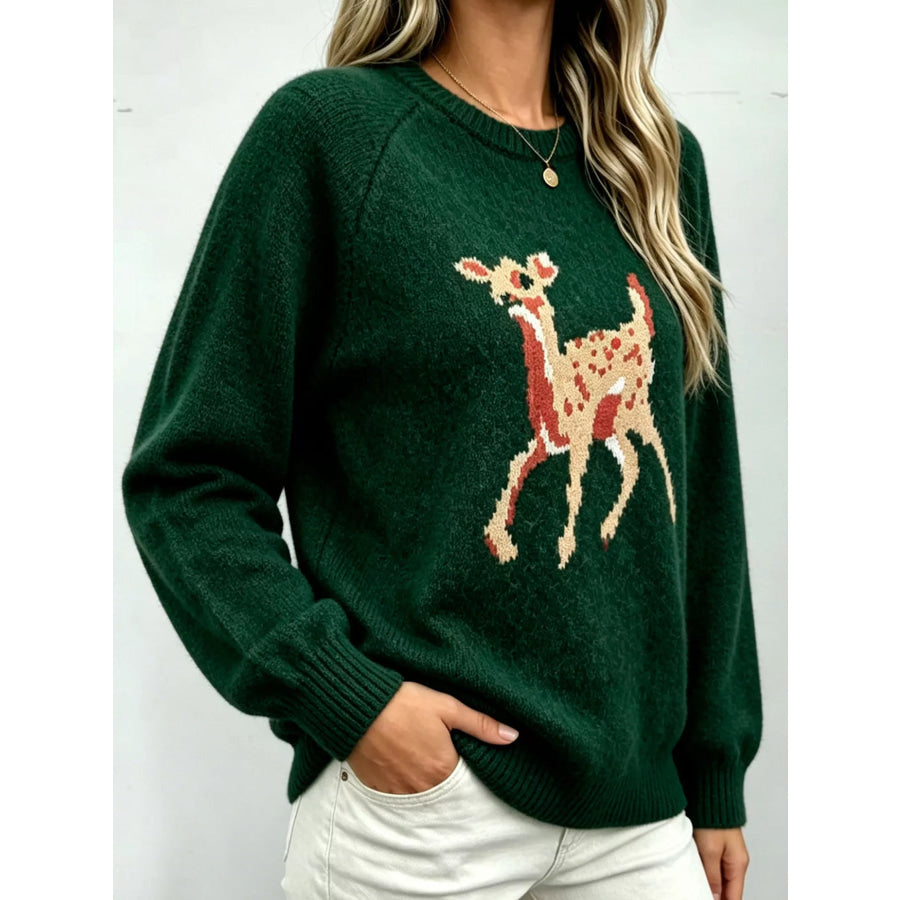 Deer Pattern Raglan Sleeve Sweater Apparel and Accessories