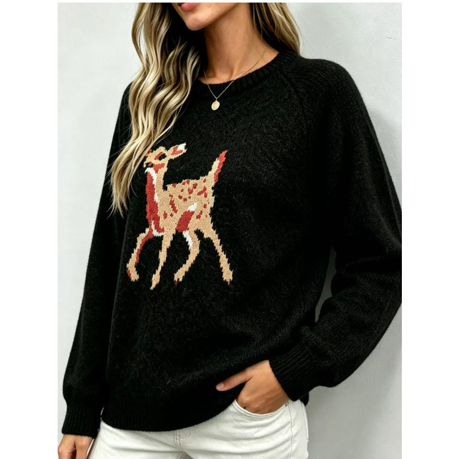 Deer Pattern Raglan Sleeve Sweater Black / S Apparel and Accessories