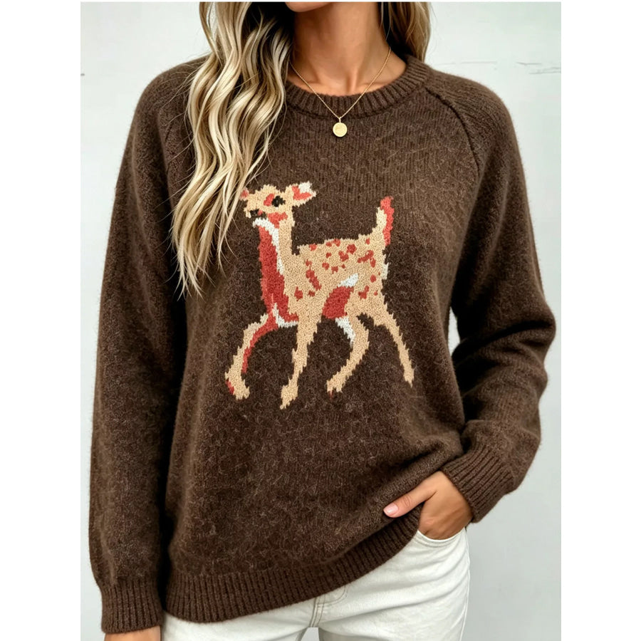 Deer Pattern Raglan Sleeve Sweater Brown / S Apparel and Accessories