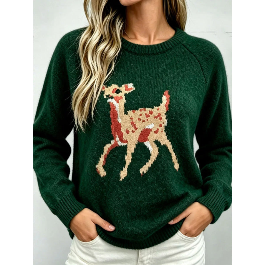 Deer Pattern Raglan Sleeve Sweater Dark Green / S Apparel and Accessories