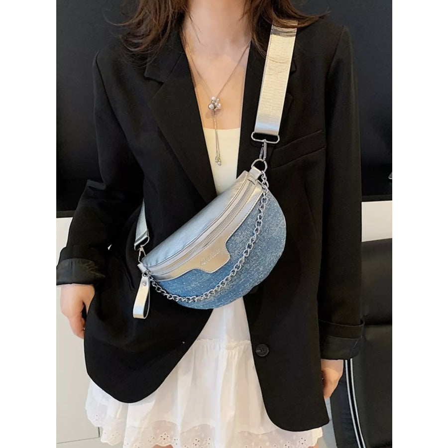 Denim Chain Accent Crossbody Bag Light Blue / ONESIZE Apparel and Accessories
