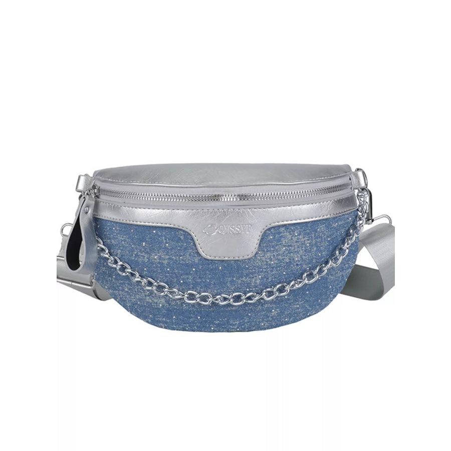 Denim Chain Accent Crossbody Bag Light Blue / ONESIZE Apparel and Accessories