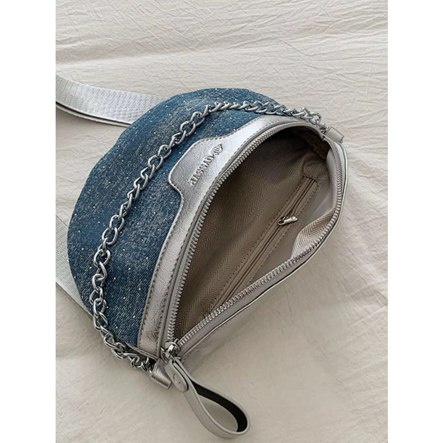 Denim Chain Accent Crossbody Bag Light Blue / ONESIZE Apparel and Accessories