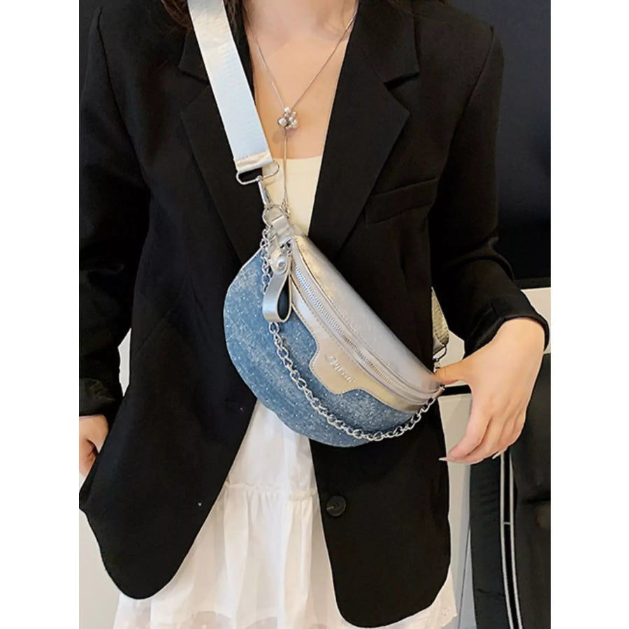 Denim Chain Accent Crossbody Bag Light Blue / ONESIZE Apparel and Accessories