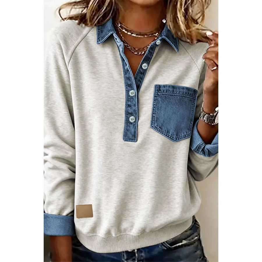 Denim Collar Patchwork Long Sleeve Pullover Top Light Gray / S Apparel and Accessories
