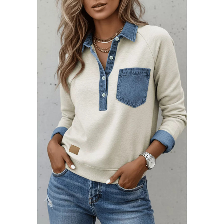 Denim Collar Patchwork Long Sleeve Pullover Top Light Gray / S Apparel and Accessories