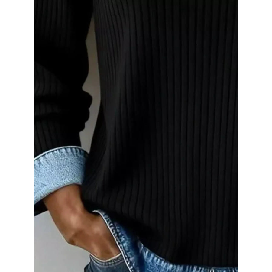 Denim Collar Ribbed Knit Top Apparel and Accessories