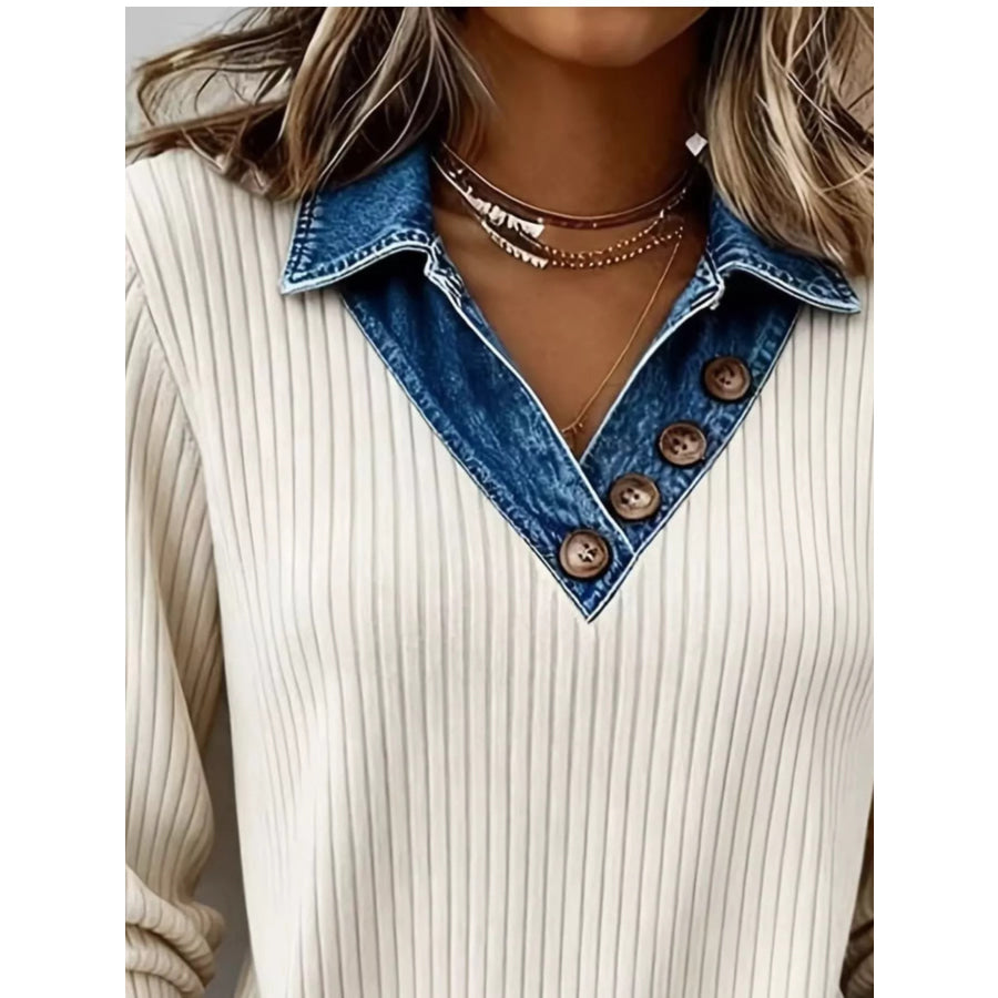 Denim Collar Ribbed Knit Top Apparel and Accessories