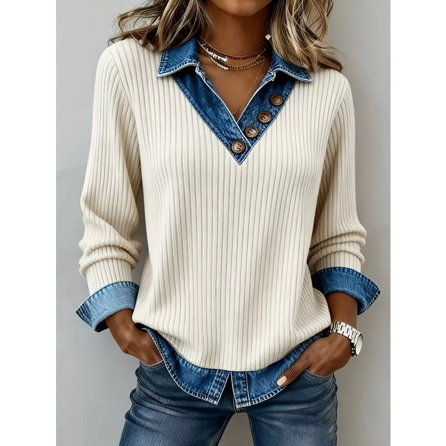 Denim Collar Ribbed Knit Top Apricot / S Apparel and Accessories