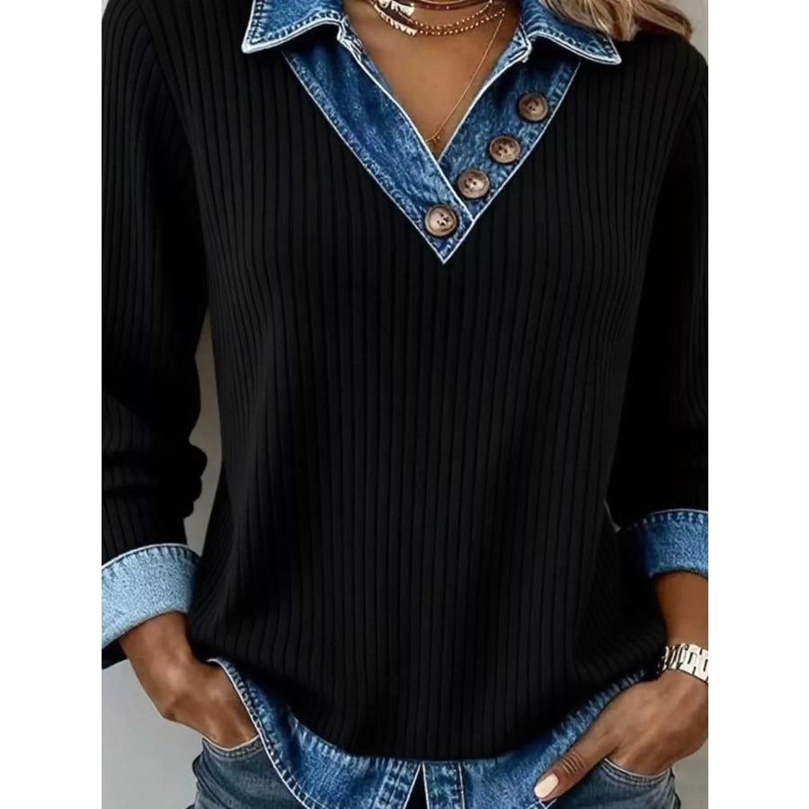 Denim Collar Ribbed Knit Top Black / S Apparel and Accessories