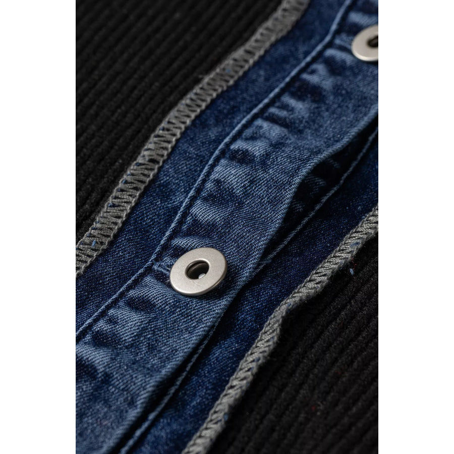 Denim Contrast Placket Long Sleeve Cardigan Apparel and Accessories
