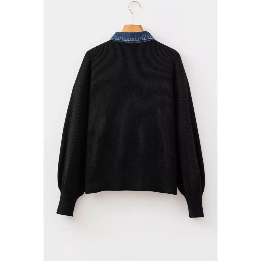 Denim Contrast Placket Long Sleeve Cardigan Apparel and Accessories