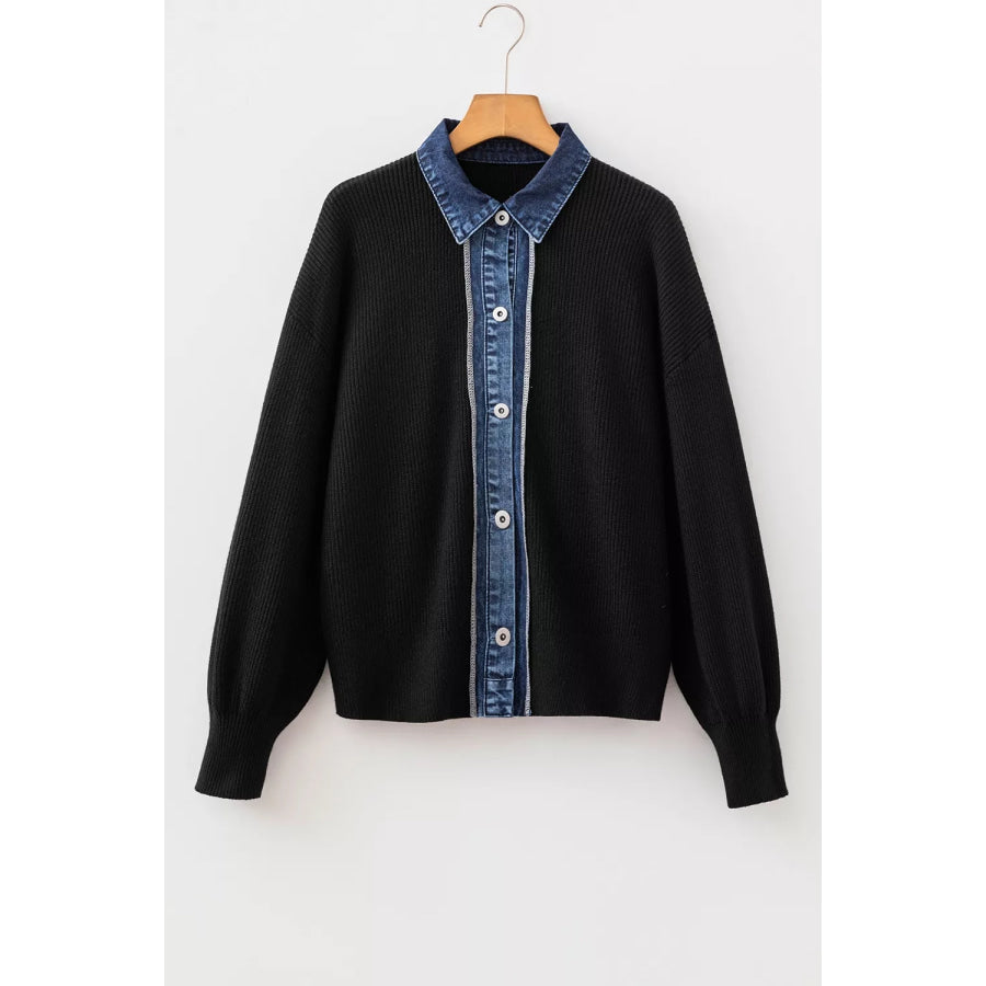 Denim Contrast Placket Long Sleeve Cardigan Apparel and Accessories
