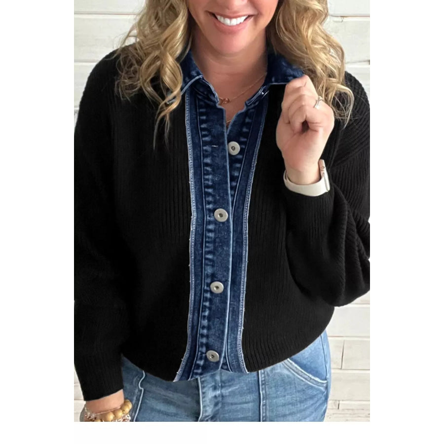 Denim Contrast Placket Long Sleeve Cardigan Apparel and Accessories