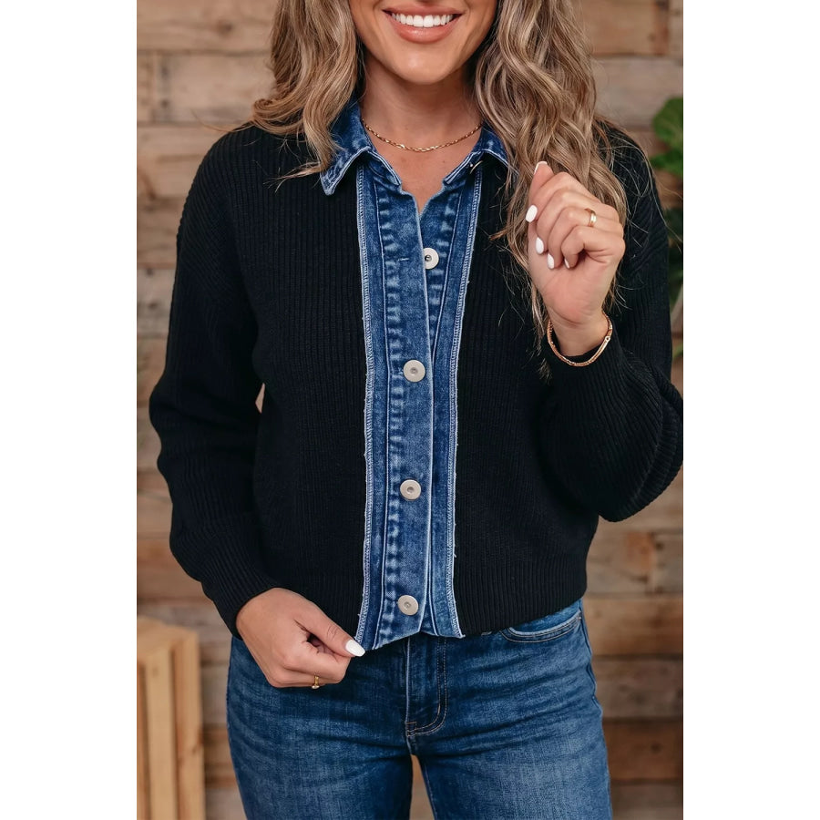 Denim Contrast Placket Long Sleeve Cardigan Black / S Apparel and Accessories