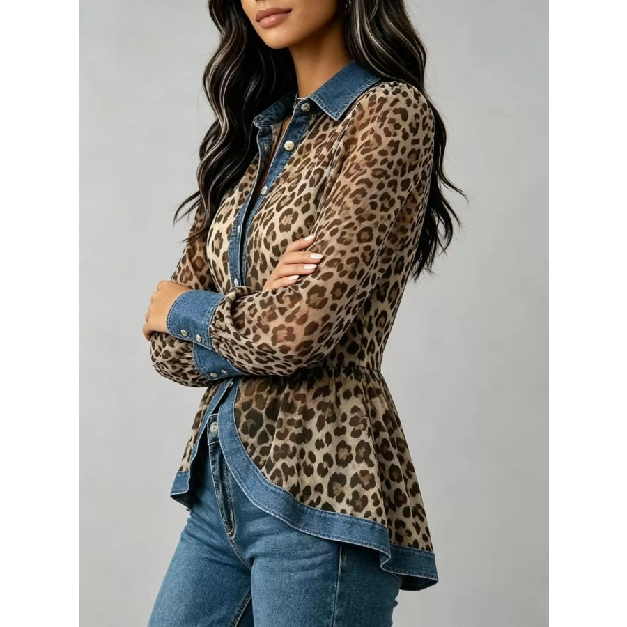 Denim Contrast Trim Leopard Shirt Apparel and Accessories