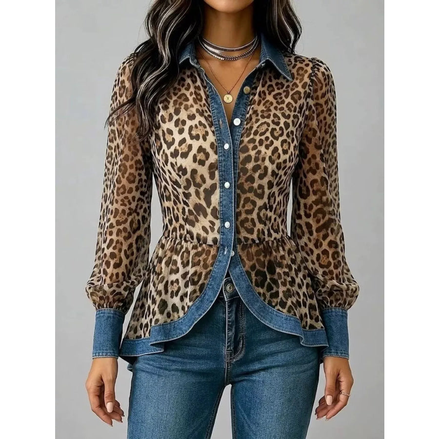 Denim Contrast Trim Leopard Shirt Leopard / S Apparel and Accessories