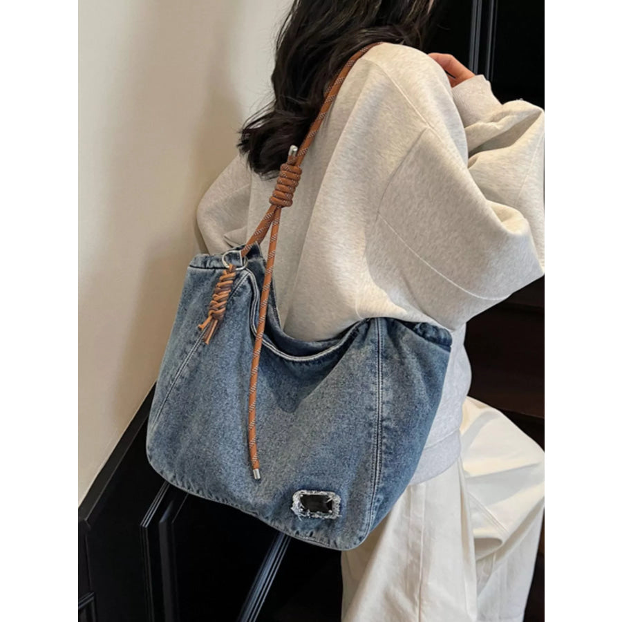 Denim Hobo Tote Bag with Rope Strap Light Blue / ONESIZE Apparel and Accessories