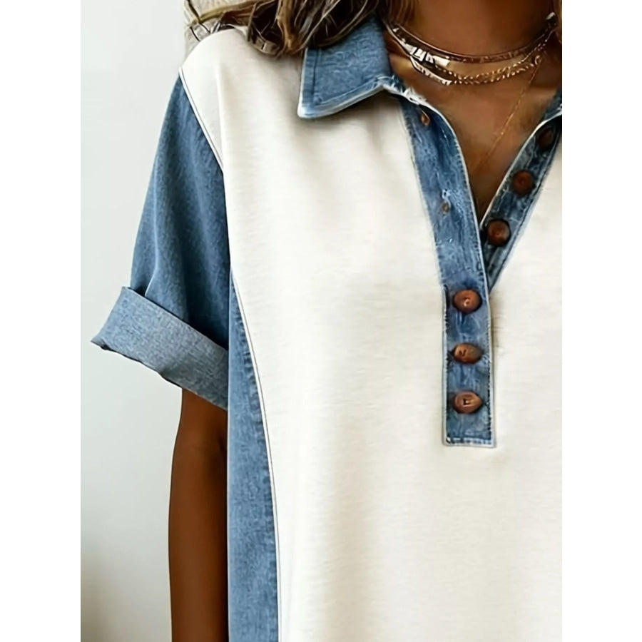 Denim Patchwork Button Front Mini Dress Apparel and Accessories