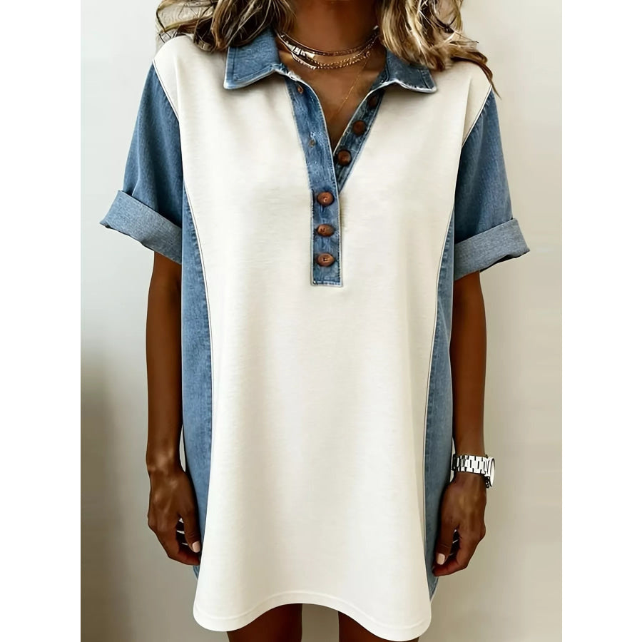 Denim Patchwork Button Front Mini Dress Gray/white / S Apparel and Accessories