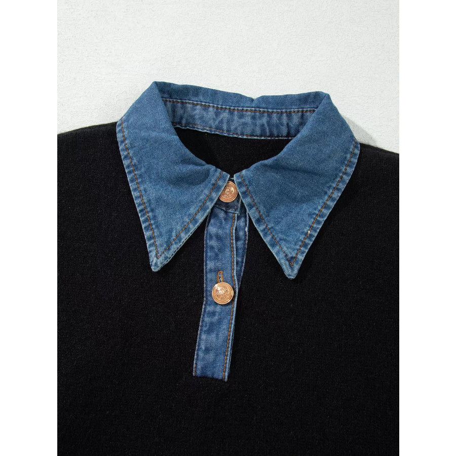 Denim Patchwork Collar Cuffed Casual Sweater Apparel and Accessories