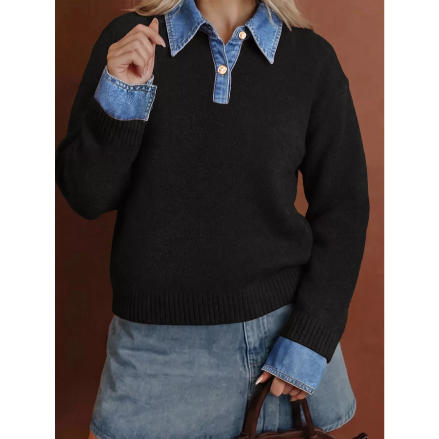 Denim Patchwork Collar Cuffed Casual Sweater Apparel and Accessories