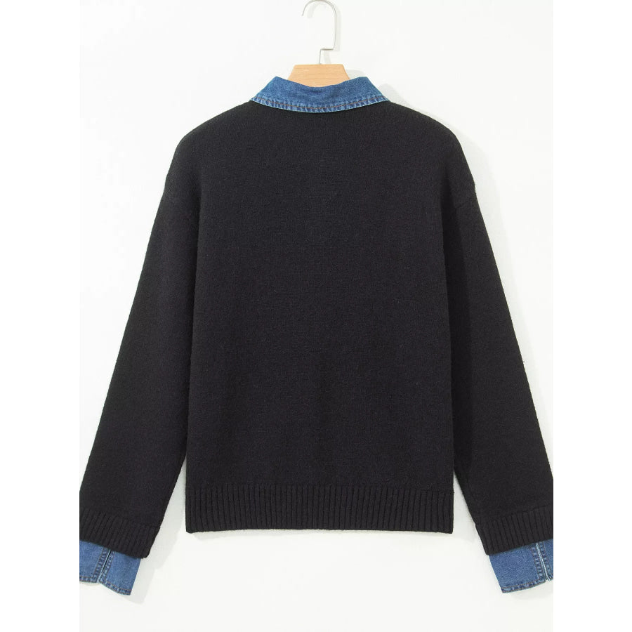 Denim Patchwork Collar Cuffed Casual Sweater Apparel and Accessories