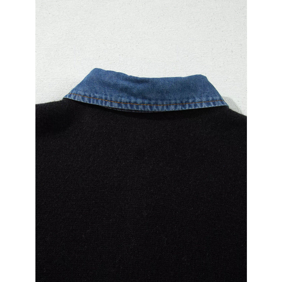 Denim Patchwork Collar Cuffed Casual Sweater Apparel and Accessories