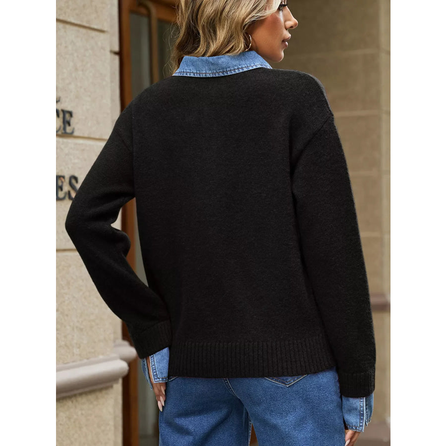 Denim Patchwork Collar Cuffed Casual Sweater Apparel and Accessories