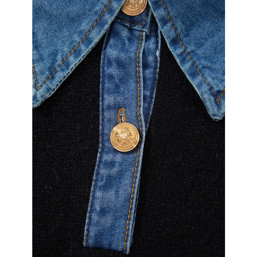 Denim Patchwork Collar Cuffed Casual Sweater Apparel and Accessories