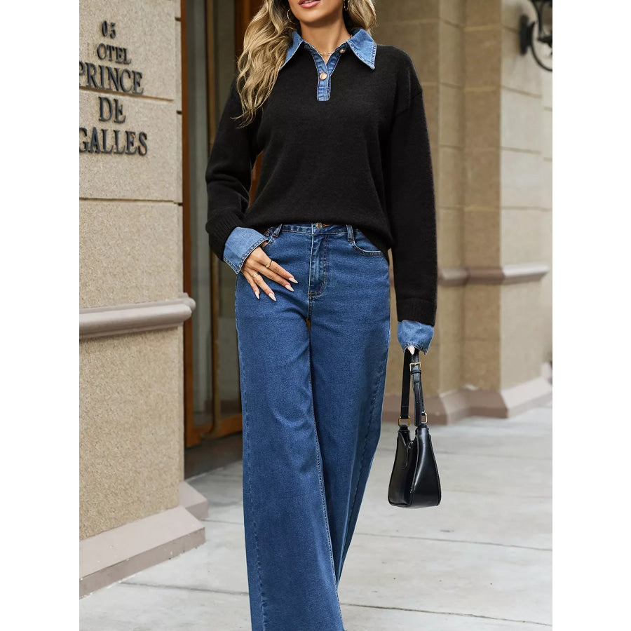 Denim Patchwork Collar Cuffed Casual Sweater Apparel and Accessories