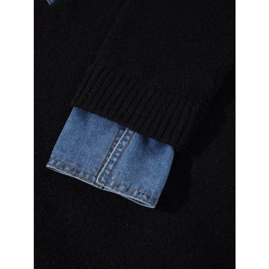 Denim Patchwork Collar Cuffed Casual Sweater Apparel and Accessories