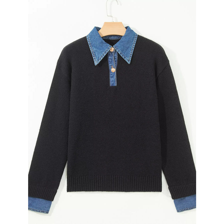Denim Patchwork Collar Cuffed Casual Sweater Apparel and Accessories
