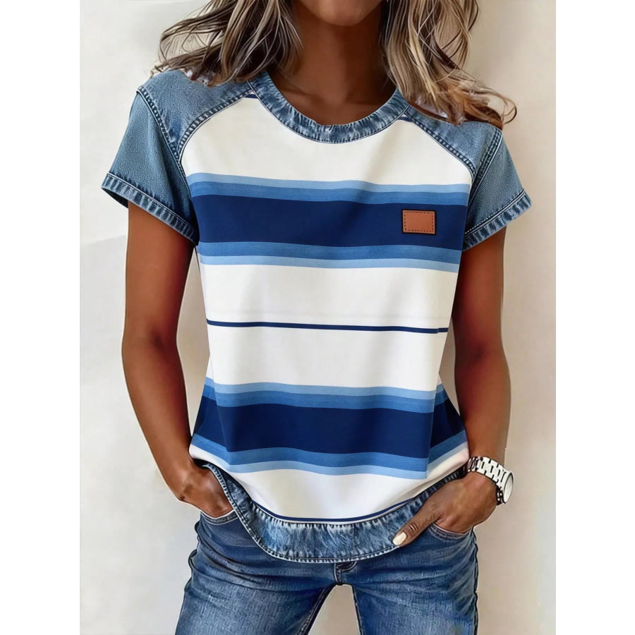Denim Patchwork Short Sleeve Blouse Dark Blue / S Apparel and Accessories