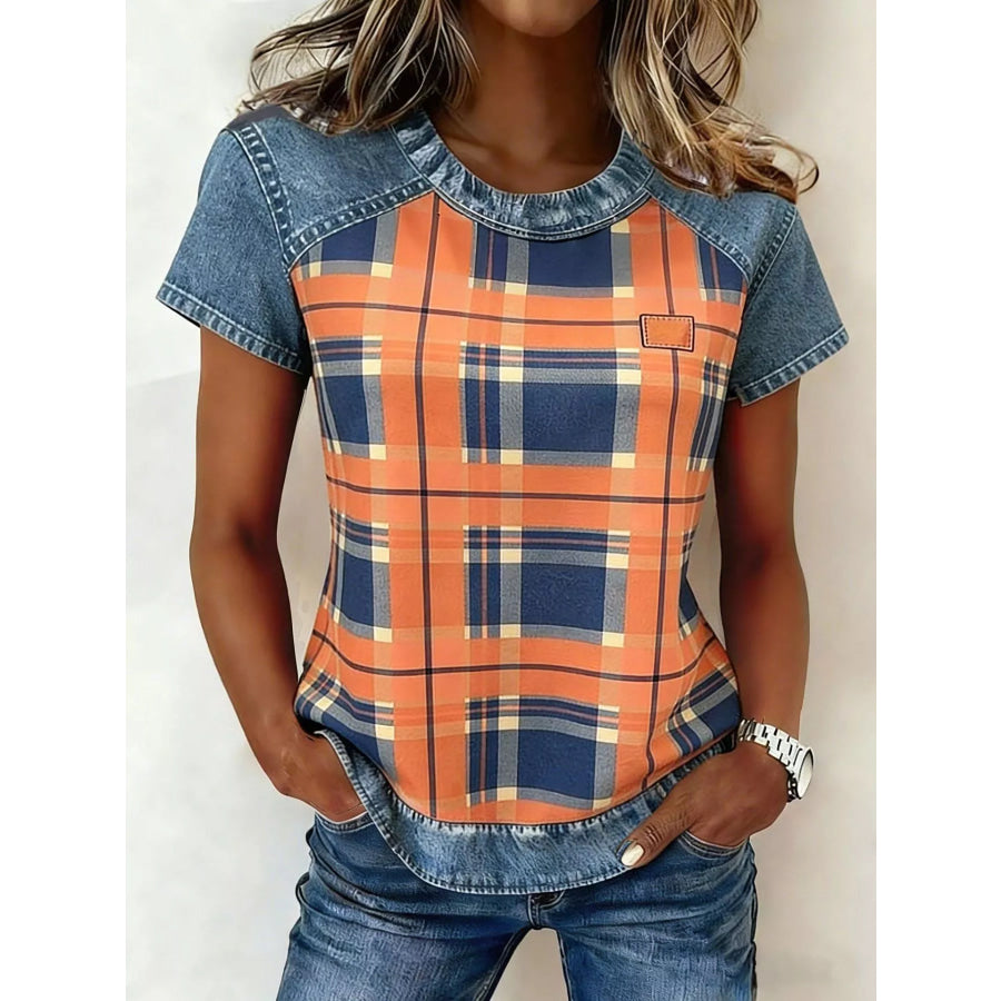 Denim Patchwork Short Sleeve Blouse Tangerine / S Apparel and Accessories
