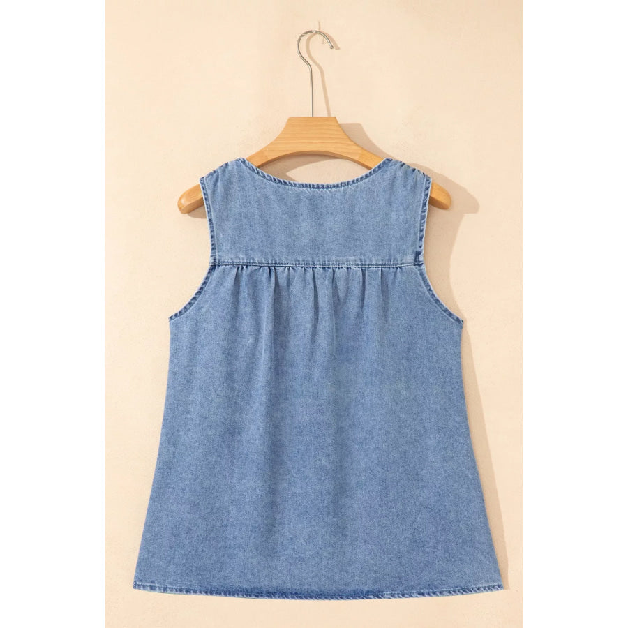 Denim Pleated Patchwork Sleeveless Top Apparel and Accessories