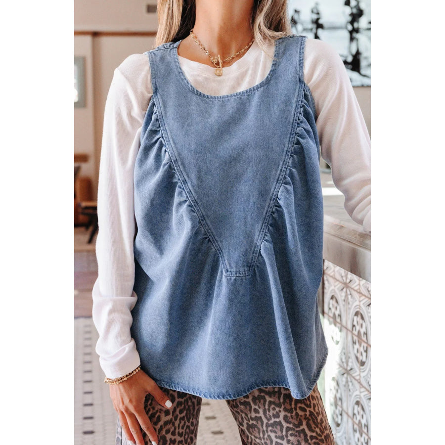 Denim Pleated Patchwork Sleeveless Top Apparel and Accessories