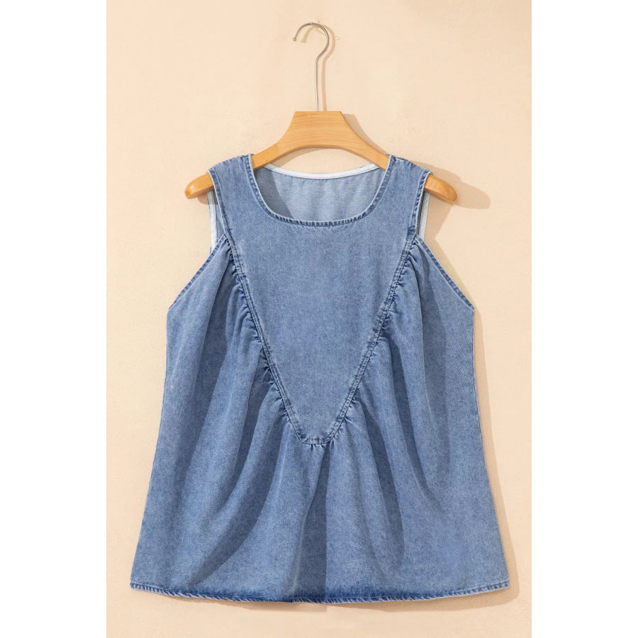 Denim Pleated Patchwork Sleeveless Top Apparel and Accessories