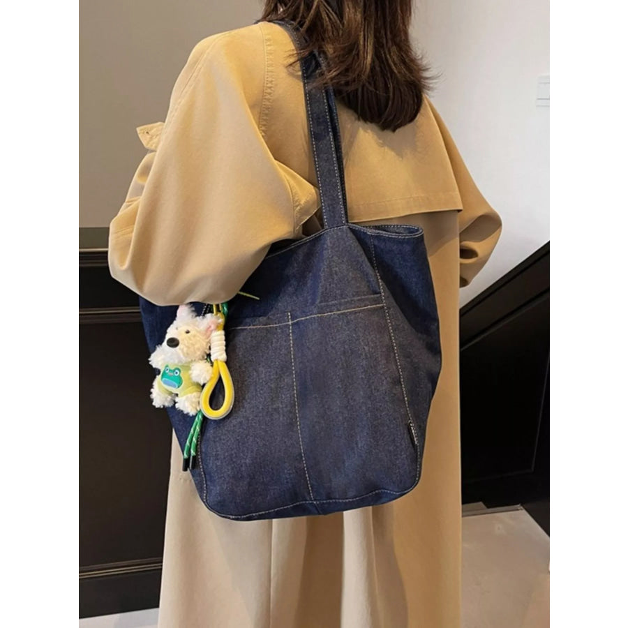 Denim Shoulder Bag with Cute Charm Navy / One Size Apparel and Accessories