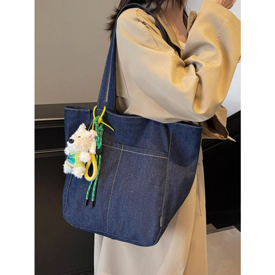 Denim Shoulder Bag with Cute Charm Navy / One Size Apparel and Accessories
